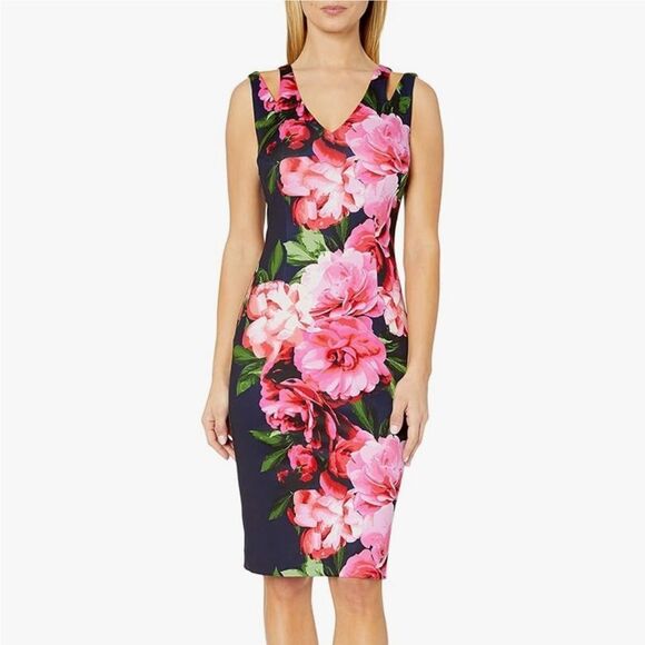 Vince Camuto Navy & Pink Floral Sheath Dress Knee Length Size 6 NEW Office Work - Picture 16 of 16